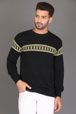 DIVYAM COLLECTION Self Design Round Neck Casual Men Black Sweater