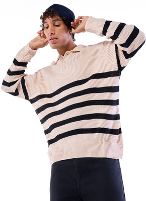 BEWAKOOF Striped Collared Neck Casual Men Beige, Black Sweater