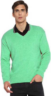 manra Solid V Neck Casual Men Green Sweater