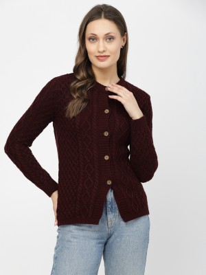 KALT Self Design Round Neck Casual Women Maroon Sweater