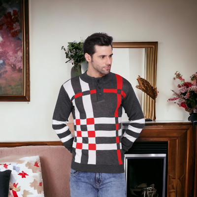 AXOLOTL Striped High Neck Casual Men Grey Sweater