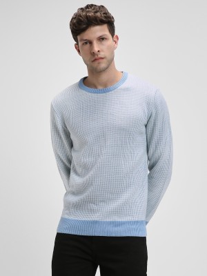 Dennis Lingo Striped Round Neck Casual Men Blue, White Sweater