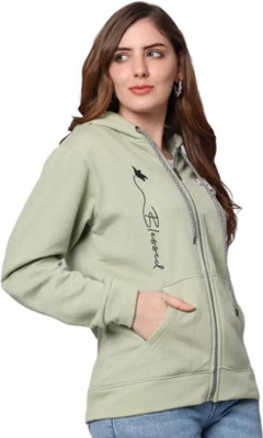 HouseOfCommon Printed Hooded Neck Casual Women Green Sweater