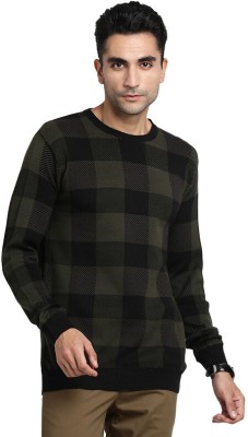 TURTLE Checkered Round Neck Casual Men Black, Green Sweater