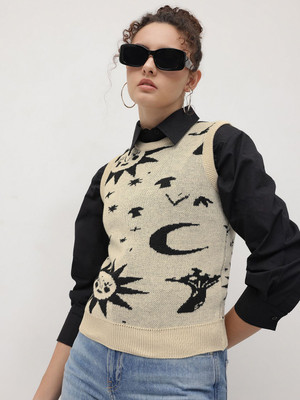 Roadster Self Design Round Neck Casual Women Beige Sweater