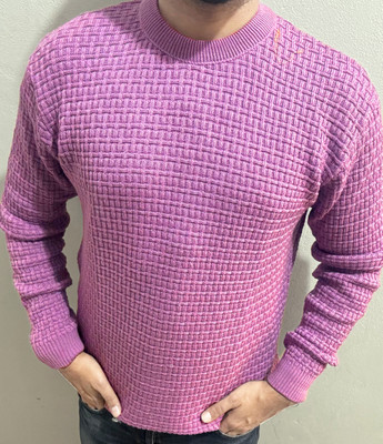 HOSUEOFCOMMON Self Design Round Neck Casual Men Purple Sweater