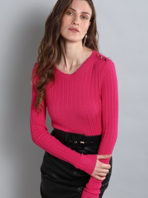 VERO MODA Self Design Round Neck Casual Women Pink Sweater