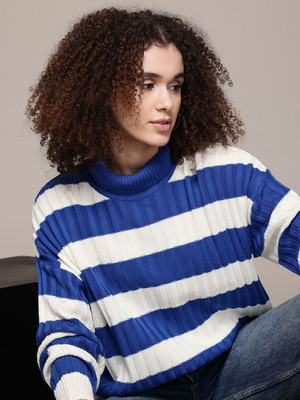 Roadster Striped Turtle Neck Casual Women Blue Sweater