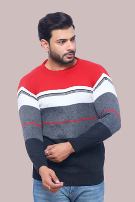 urban trees Striped Round Neck Casual Men Black, Red Sweater