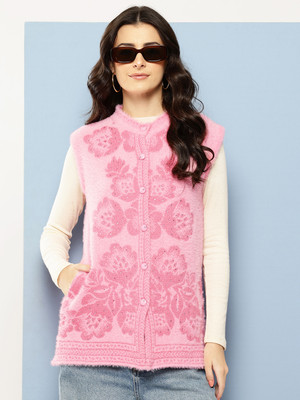 Roadster Self Design Round Neck Casual Women Pink Sweater
