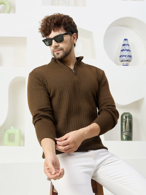 KVETOO Self Design High Neck Casual Men Brown Sweater