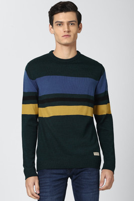 Peter England University Striped Round Neck Casual Men Blue, Green Sweater