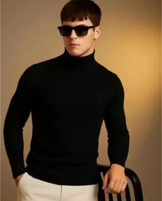 At Last Fashion Solid High Neck Casual Men Black Sweater