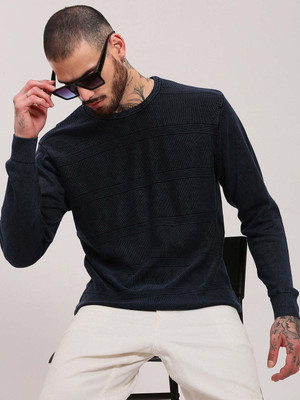 SHOWOFFFF Self Design Round Neck Casual Men Dark Blue Sweater