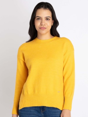 Status Quo Solid Round Neck Casual Women Yellow Sweater