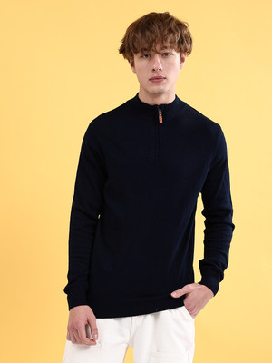 The Indian Garage Co. Solid High Neck Casual Men Dark Blue Sweater