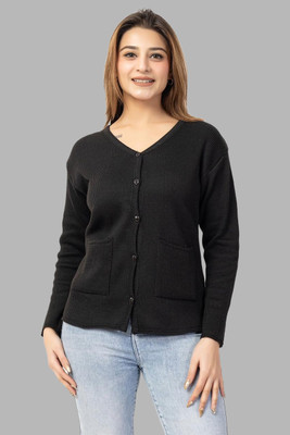 Harjot Solid V Neck Casual Women Black Sweater