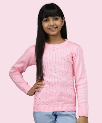 Fame Hype Solid Round Neck Casual Girls Pink Sweater