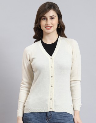 MONTE CARLO Solid V Neck Casual Women White Sweater