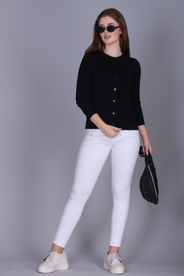 BlessIntimates Solid Round Neck Casual Women Black Sweater