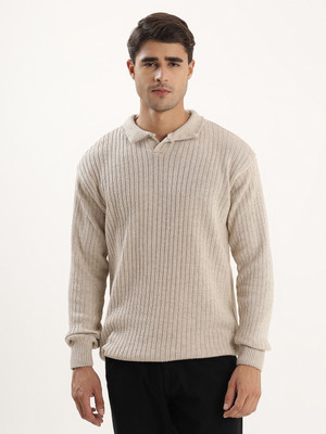 kveto Self Design Collared Neck Casual Men Beige Sweater