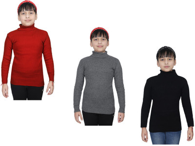 IndiWeaves Solid High Neck Casual Girls Multicolor Sweater