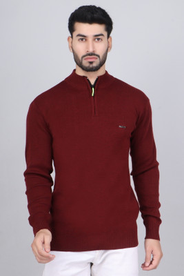 FEVERFEW Self Design Collared Neck Casual Men Maroon Sweater