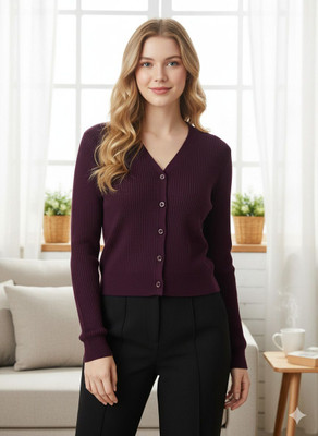 urban trees Solid V Neck Casual Men Purple Sweater