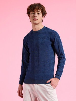 The Indian Garage Co. Solid Crew Neck Casual Men Blue Sweater