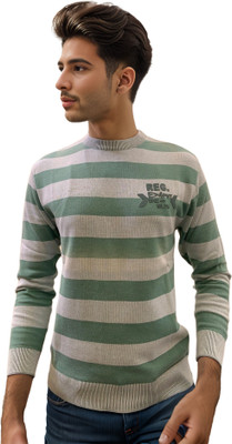 FORWARDS Striped Round Neck Casual Men Green Sweater