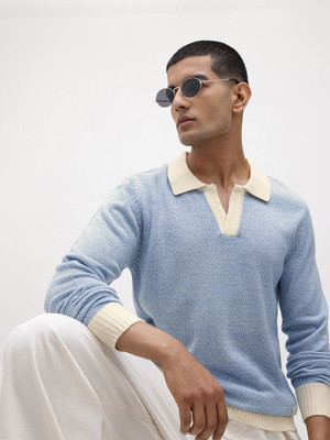 Roadster Solid Square Neck Casual Men Blue Sweater