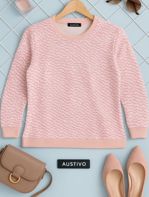 Austivo Printed High Neck Casual Women Pink Sweater