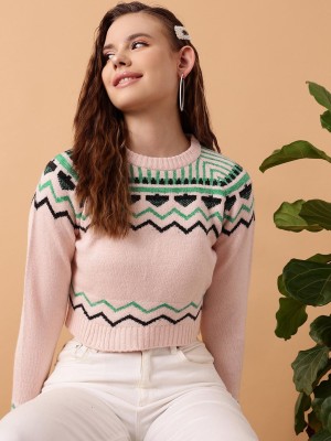 STREET9 Solid Round Neck Casual Women Pink Sweater