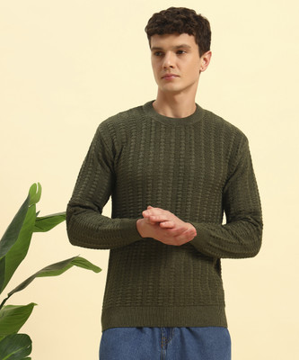 HERMISTON Self Design Round Neck Casual Men Green Sweater