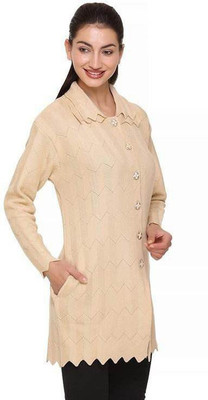 maheem Self Design Collared Neck Casual Women Beige Sweater