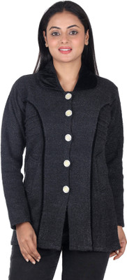 Ninish Self Design Collared Neck Casual Women Black Sweater