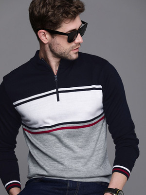 WROGN Colorblock Round Neck Casual Men Blue, White Sweater