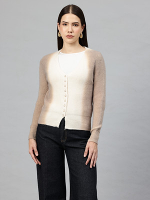 PIERRE CARLO Self Design V Neck Casual Women Beige Sweater