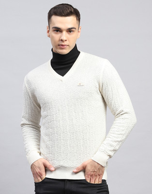MONTE CARLO Self Design V Neck Casual Men White Sweater
