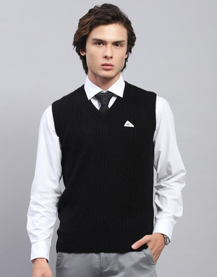 MONTE CARLO Self Design V Neck Casual Men Black Sweater