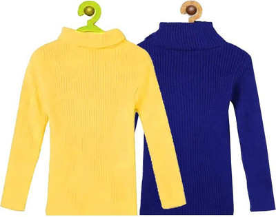 100LUCK Self Design Turtle Neck Casual Boys & Girls Yellow, Dark Blue Sweater