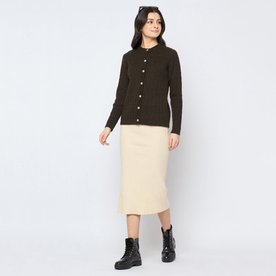MADAME Self Design Round Neck Casual Women Green Sweater