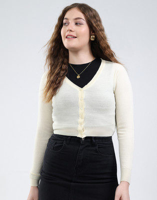 MONTE CARLO Solid V Neck Casual Women White Sweater