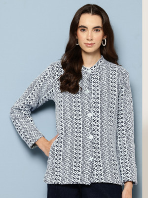 Aarika Woven Round Neck Casual Women Blue Sweater
