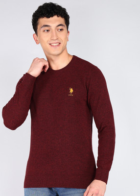 U.S. POLO ASSN. Solid Round Neck Casual Men Maroon Sweater