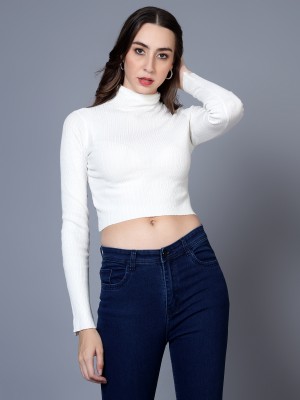 Nerre Solid High Neck Casual Women White Sweater