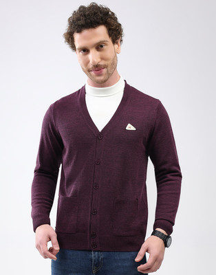 MONTE CARLO Solid V Neck Casual Men Purple Sweater