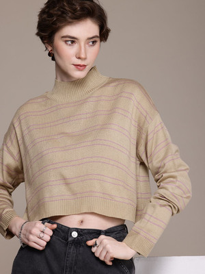 Roadster Striped High Neck Casual Women Beige Sweater