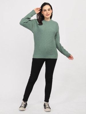 CHKOKKO Solid Round Neck Casual Women Green Sweater