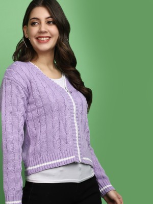 V-MART Self Design V Neck Casual Women Purple, Purple Sweater